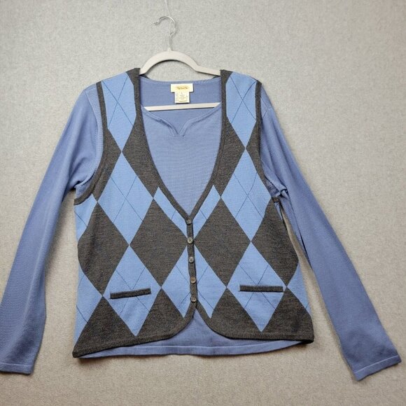 Vintage Talbots Womens Large Sweater Cardigan Argyle Silk Blend Preppy Blue Gray - Picture 1 of 10